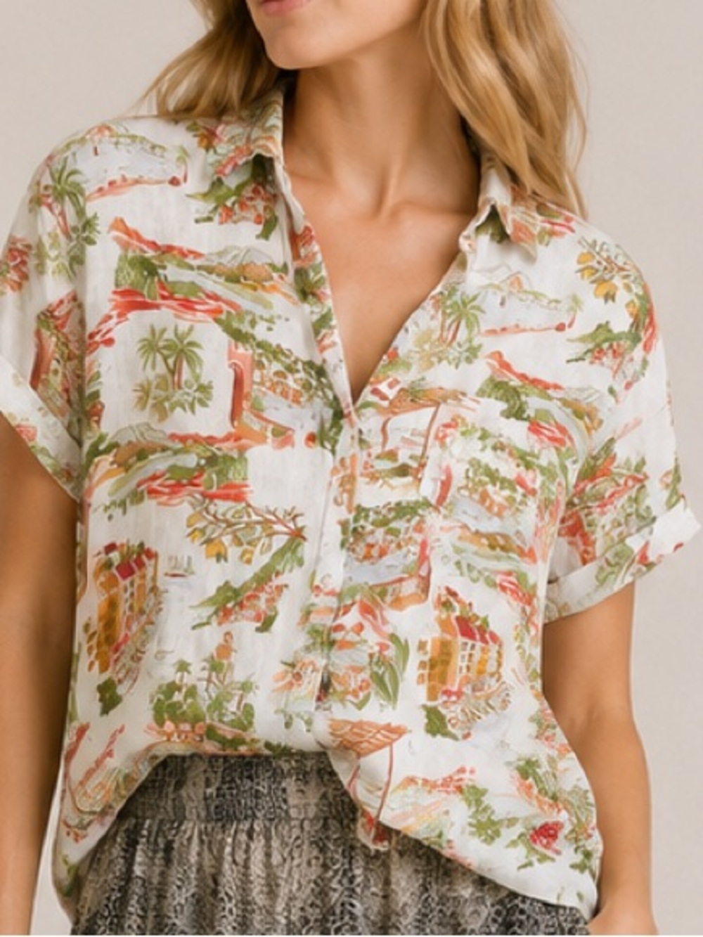 Cynthia Rowley 100% Linen Summer Beach Print Short Sleeve Button Down Large